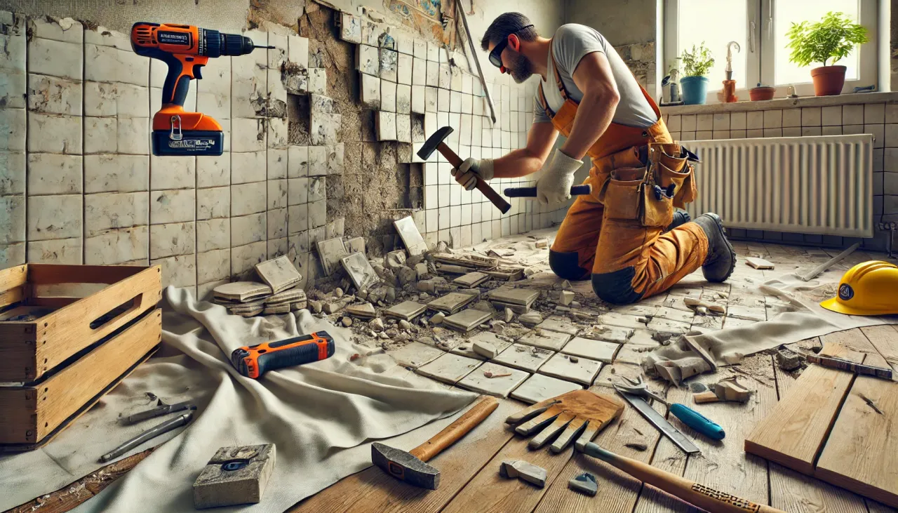 osoba skuwanie płytek młotkiem i przecinakiem