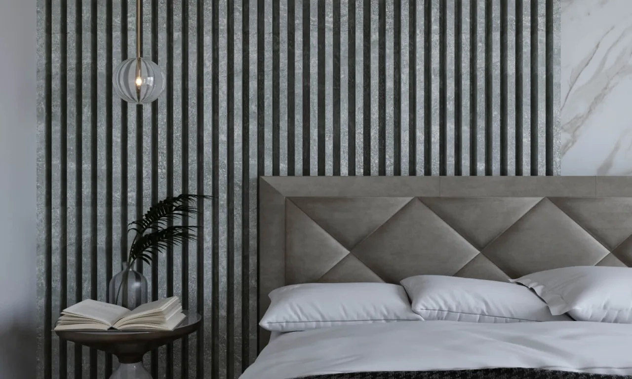 ściana za łóżkiem lamele panele beton