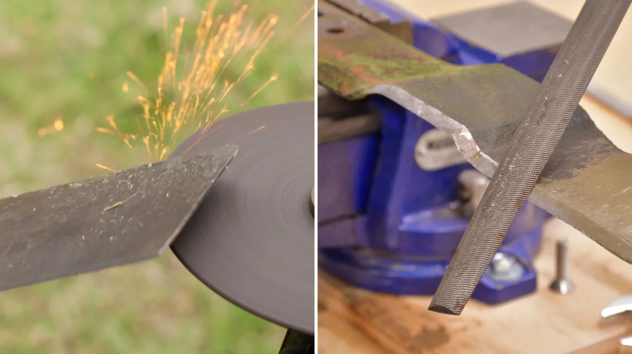 Dwa etapy ostrzenia noża do kosiarki: iskry lecące z tarczy szlifierskiej i ostrzenie pilnikiem zamocowanego w imadle noża.