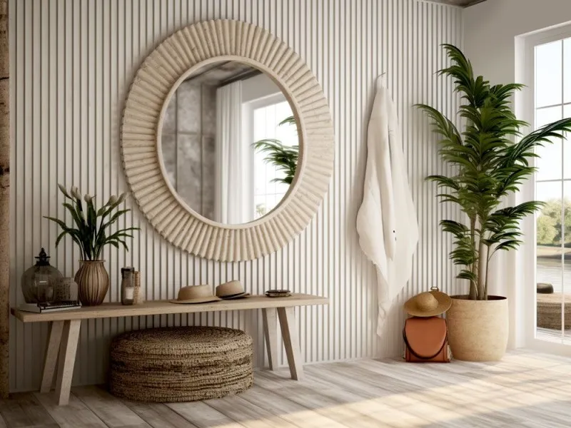 Nowoczesny przedpokój z lamelami ściennymi i lustrem