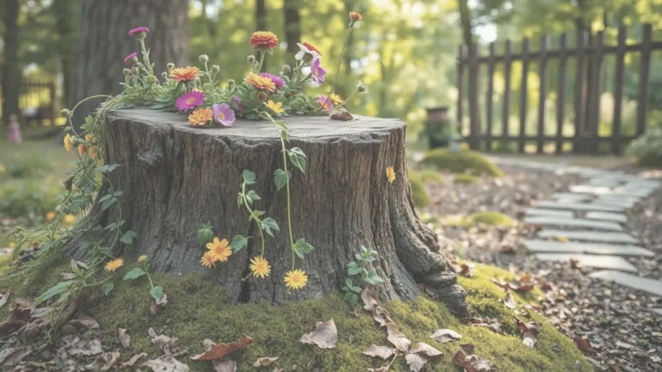 kreatywne dekoracje kwietnika z pnia, oświetlenie solarne pień
