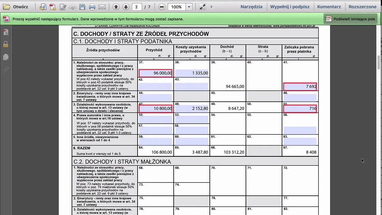 Wypełniony formularz PIT-37 z zaznaczonymi polami na rentę rodzinną