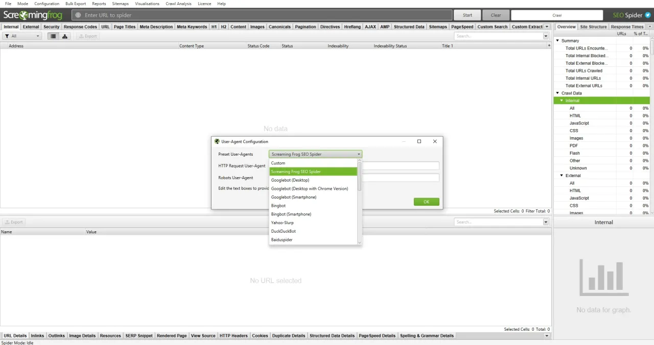 Konfiguracja User-Agent w Screaming Frog. Wyb&oacute;r między Googlebotem a innymi botami.