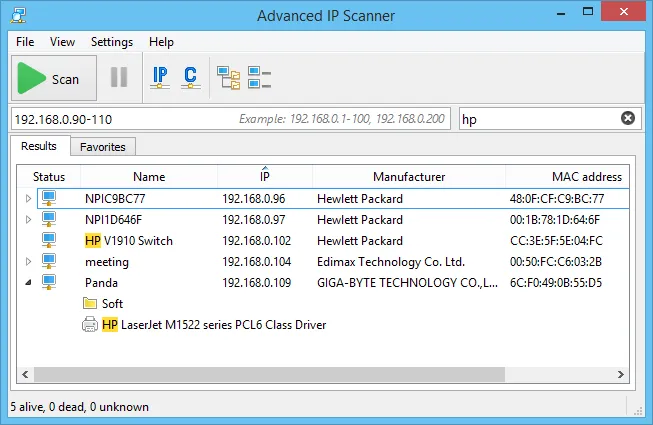 Zrzut ekranu programu Fing lub Advanced IP Scanner