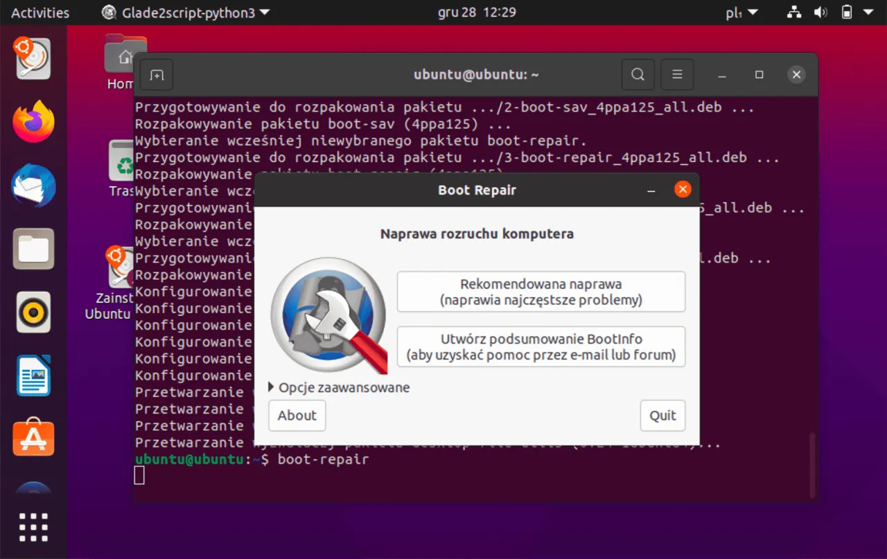 Okno programu Boot Repair na Ubuntu, naprawiające problemy z rozruchem systemu.