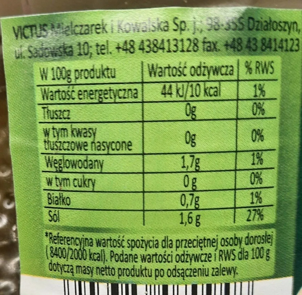 tabela wartości odżywczych ogórków kiszonych, witaminy i minerały