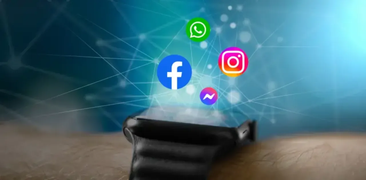 Ikony Facebook, Instagram, WhatsApp i Messenger unoszą się nad smartwatchem, sugerując, jak dodać aplikacje do smartwatcha.