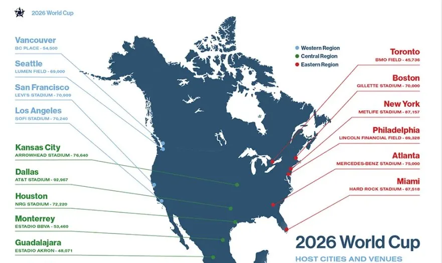 Mapa miast gospodarzy Mundialu 2026