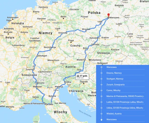 Mapa trasy Polska Niemcy Austria Szwajcaria Livigno