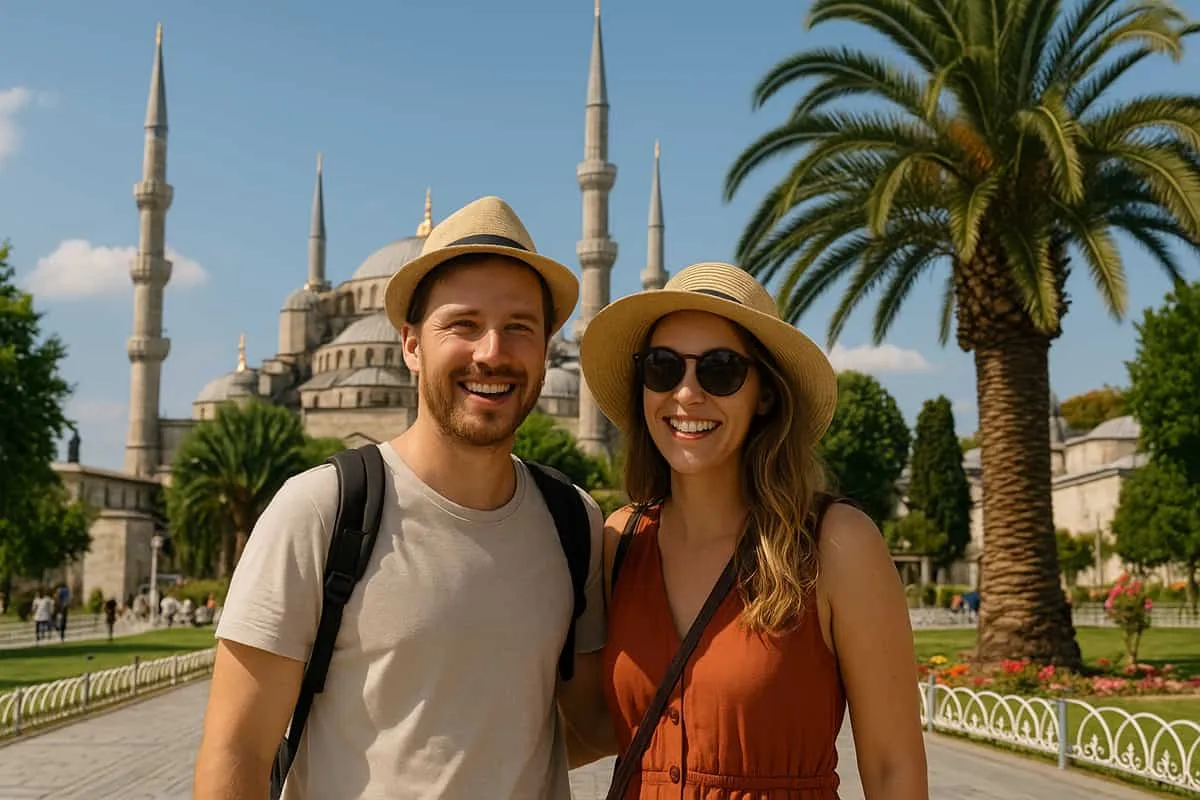 Szczęśliwa para w Stambule, ciesząca się słońcem i widokiem na meczet. Ubezpieczenie turystyczne Turcja zapewnia spok&oacute;j podczas podr&oacute;ży.