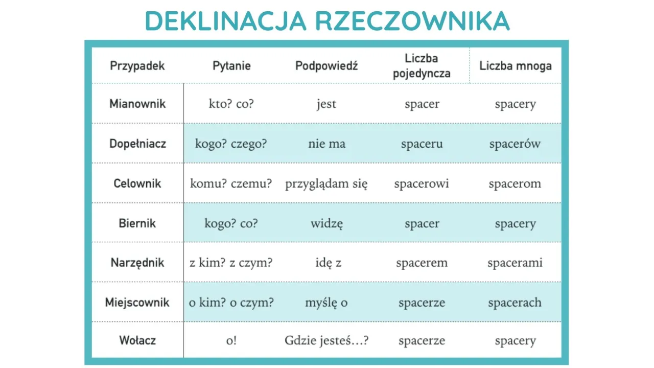 Tabela deklinacji rzeczownika 