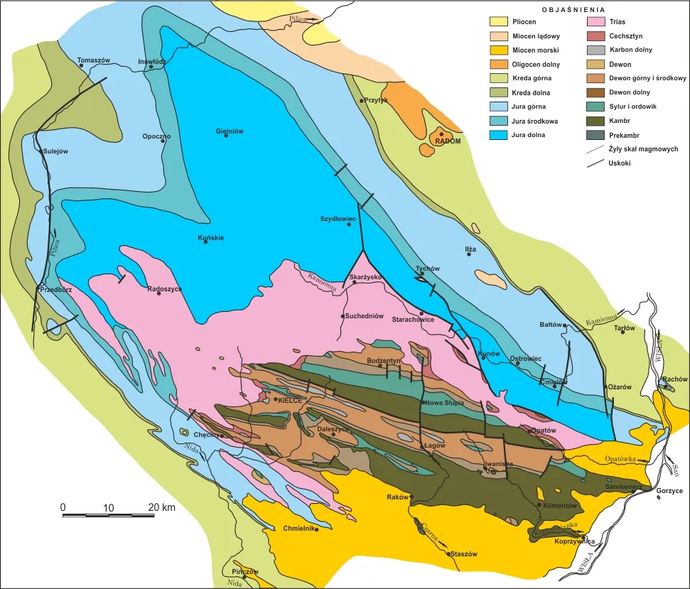 Mapa geologiczna G&oacute;r Świętokrzyskich z zaznaczonymi lokalizacjami minerał&oacute;w