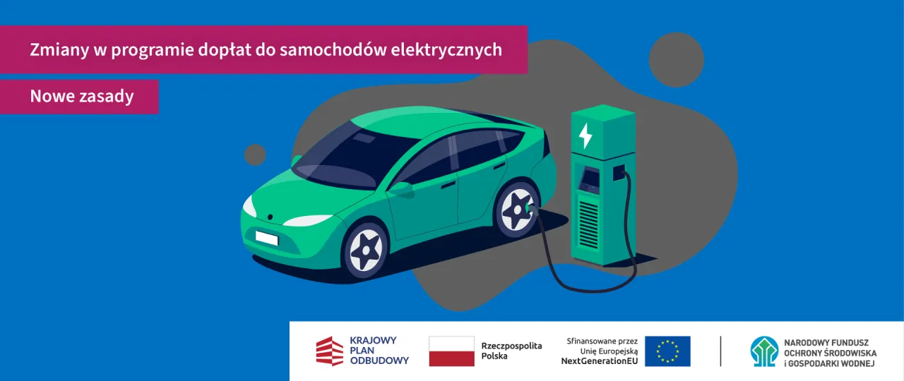 Zielony samoch&oacute;d elektryczny podłączony do ładowarki. Zmiany w programie dopłat do elektryk&oacute;w.