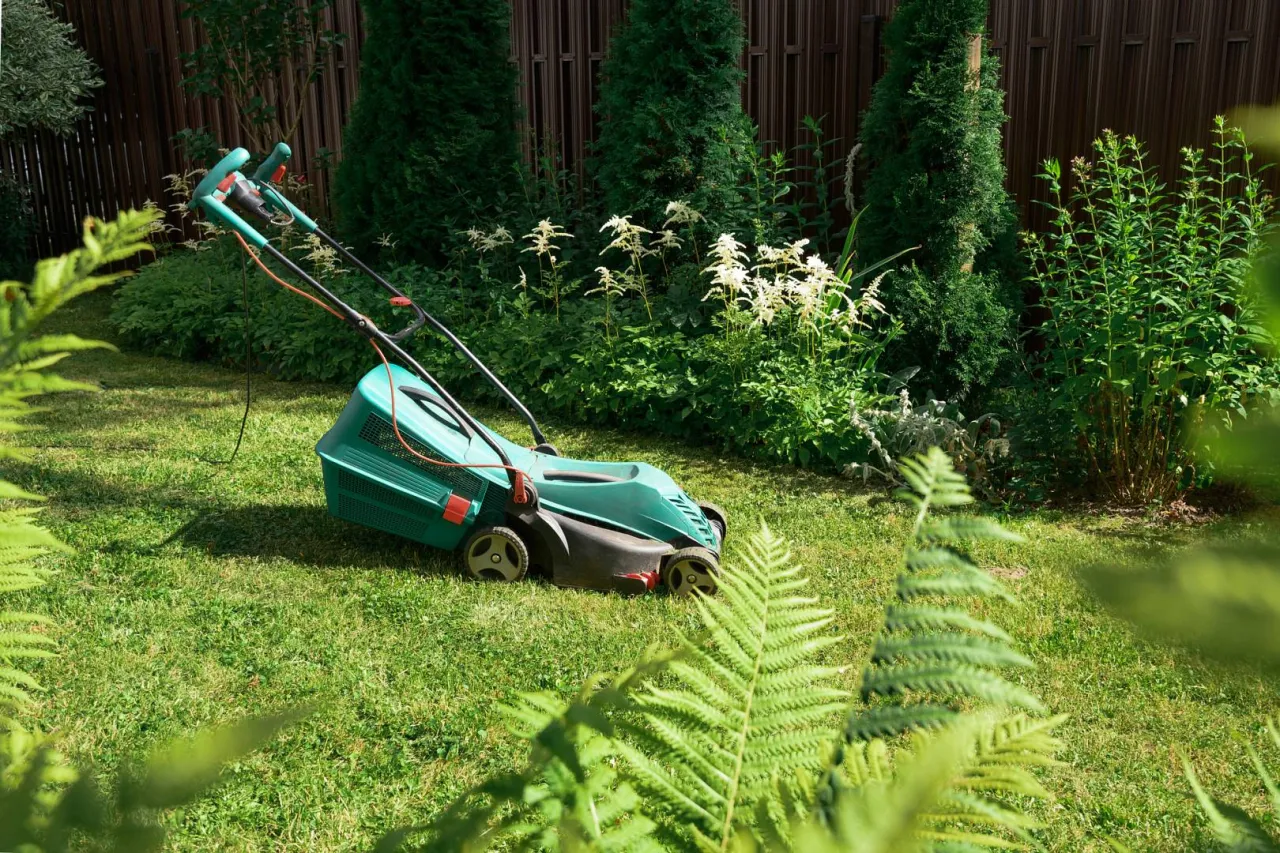 Zielona kosiarka spalinowa na trawniku. Dowiedz się, jak ustawić obroty w kosiarce spalinowej, by uzyskać idealnie przystrzyżony trawnik.