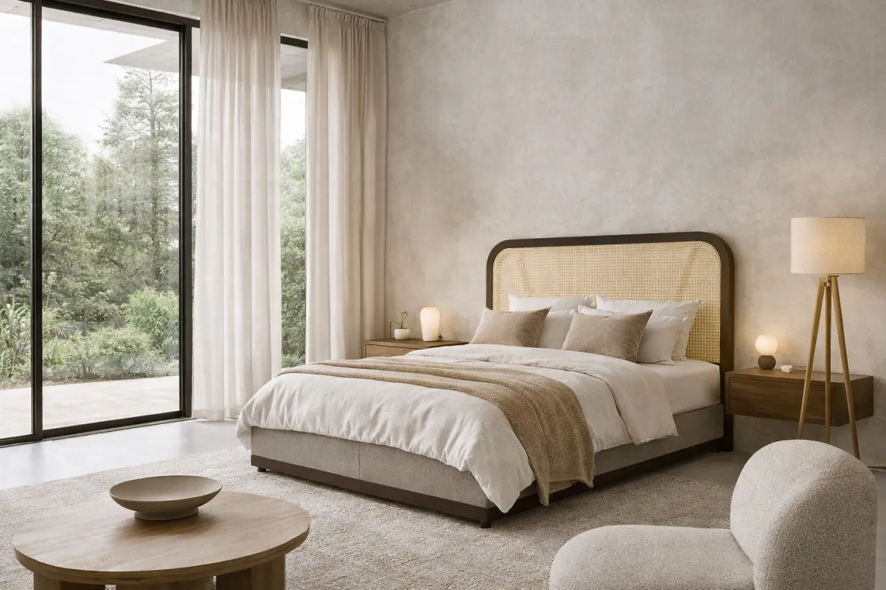 Modna sypialnia z ł&oacute;żkiem w stylu japandi