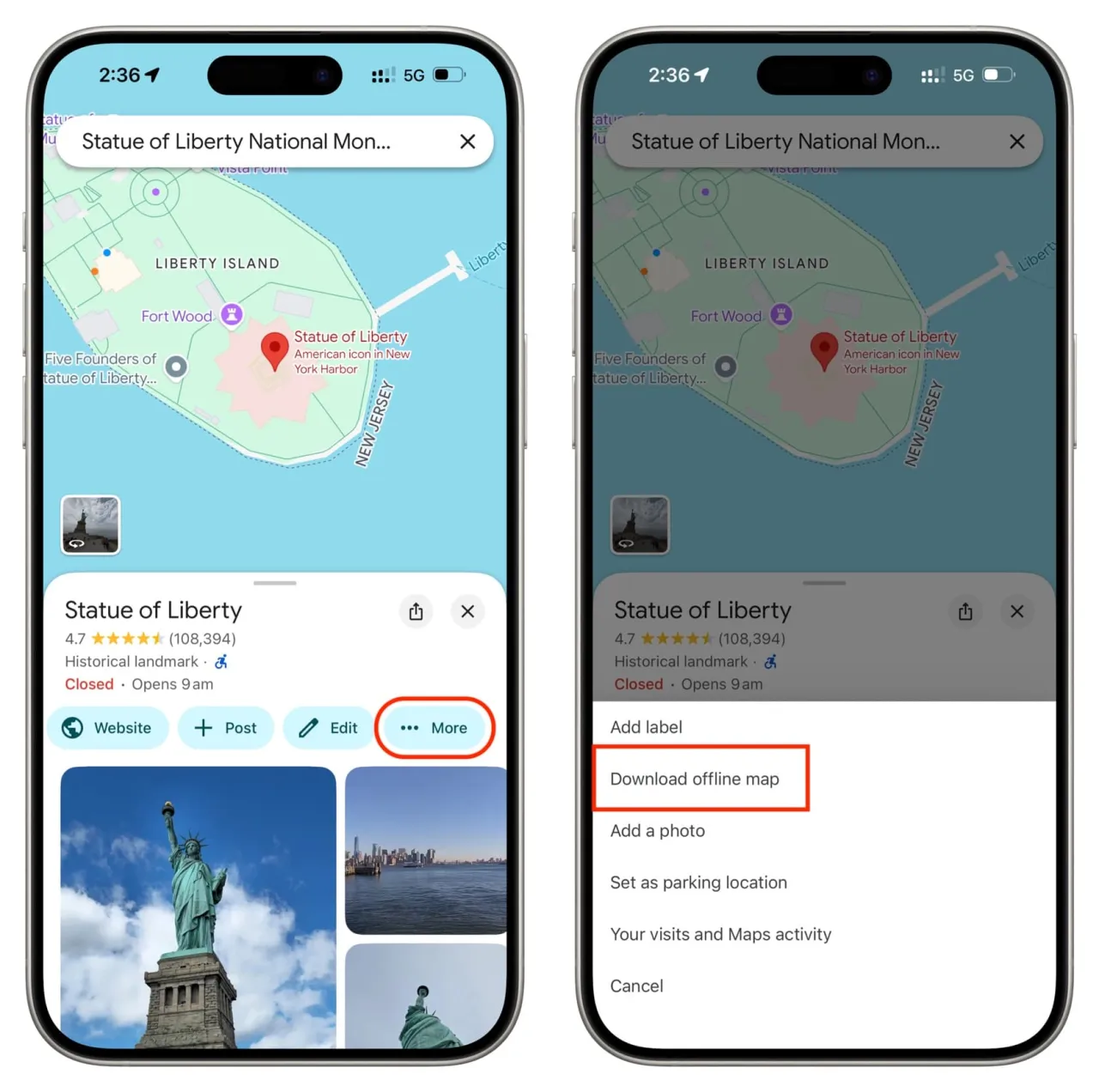 Google Maps aplikacja na telefonie z widocznym menu map offline