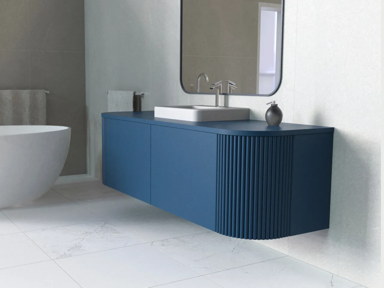 modne szafki łazienkowe ryflowane fronty zaokrąglone kształty