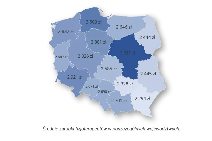 mapa zarobk&oacute;w fizjoterapeut&oacute;w Polska