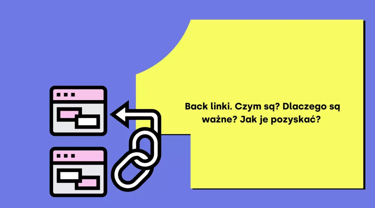 Grafika wyjaśnia, czym są backlinki, dlaczego są ważne i jak je pozyskać. Ikony stron internetowych połączone są ikoną łańcucha.