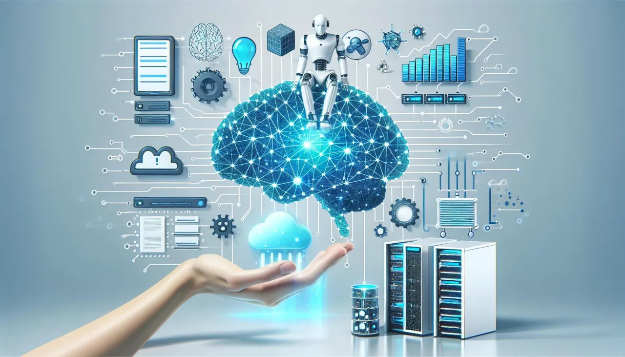 Robot na mózgu z sieci neuronowej, serwery, chmura i wykresy. To wizualizacja, jak big data co to jest i jak działa.