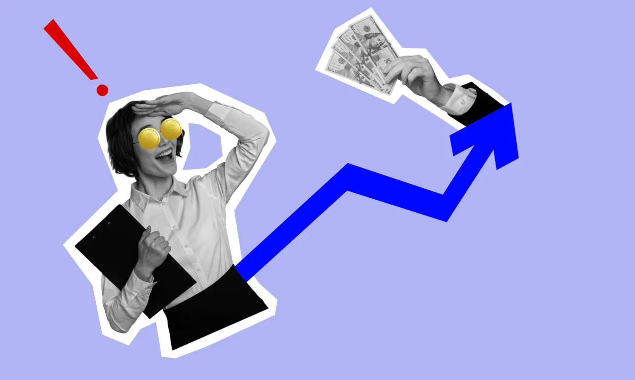 Kobieta z monetami zamiast oczu szuka sposobu na lokatę na nowe środki. Strzałka wzrostu i banknoty sugerują sukces.