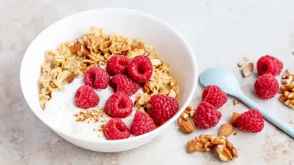 Ansprechend angerichtete Sch&uuml;ssel Haferbrei Porridge mit Beeren und N&uuml;ssen