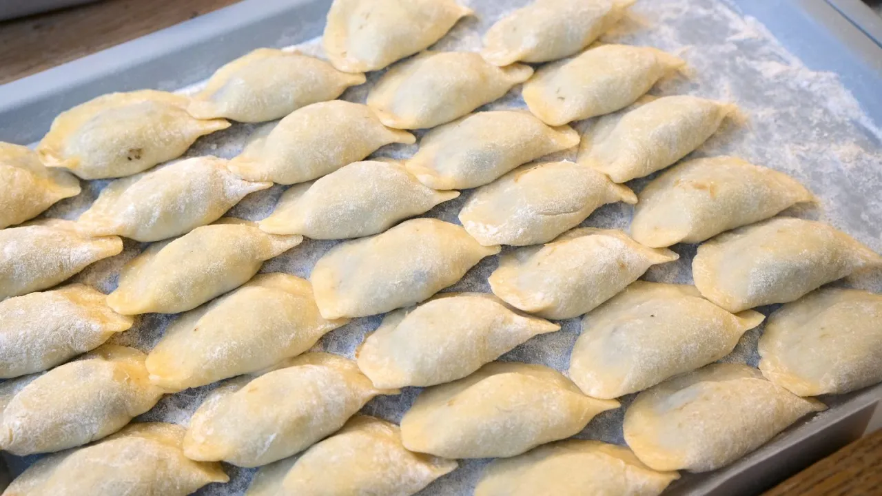 Gotowe do gotowania pierogi leżą na tacy. Zastanawiasz się, czy płukać pierogi po ugotowaniu? Te wyglądają apetycznie!