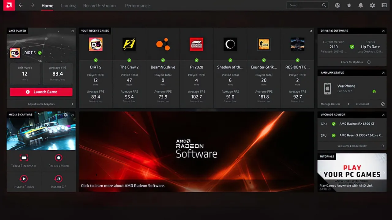 NVIDIA GeForce Experience or AMD Adrenalin Software interface