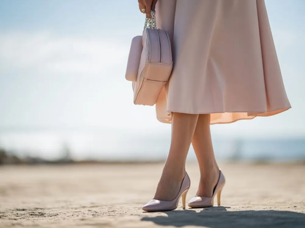 buty nude, metaliczne buty, buty kontrastujące z sukienką