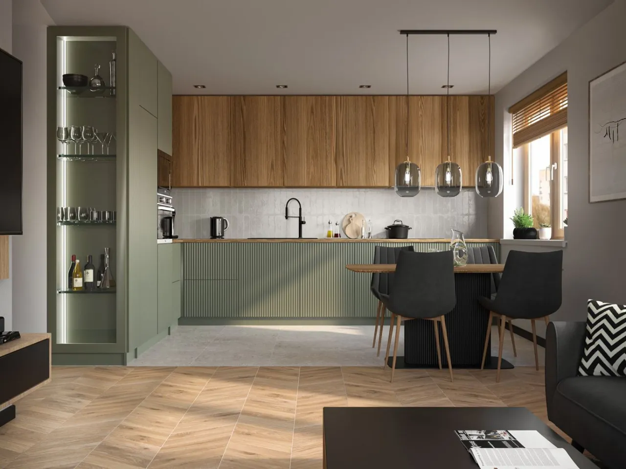 modne kolory kuchni 2026, kuchnia z zielonymi ścianami, kuchnia z beżowymi ścianami