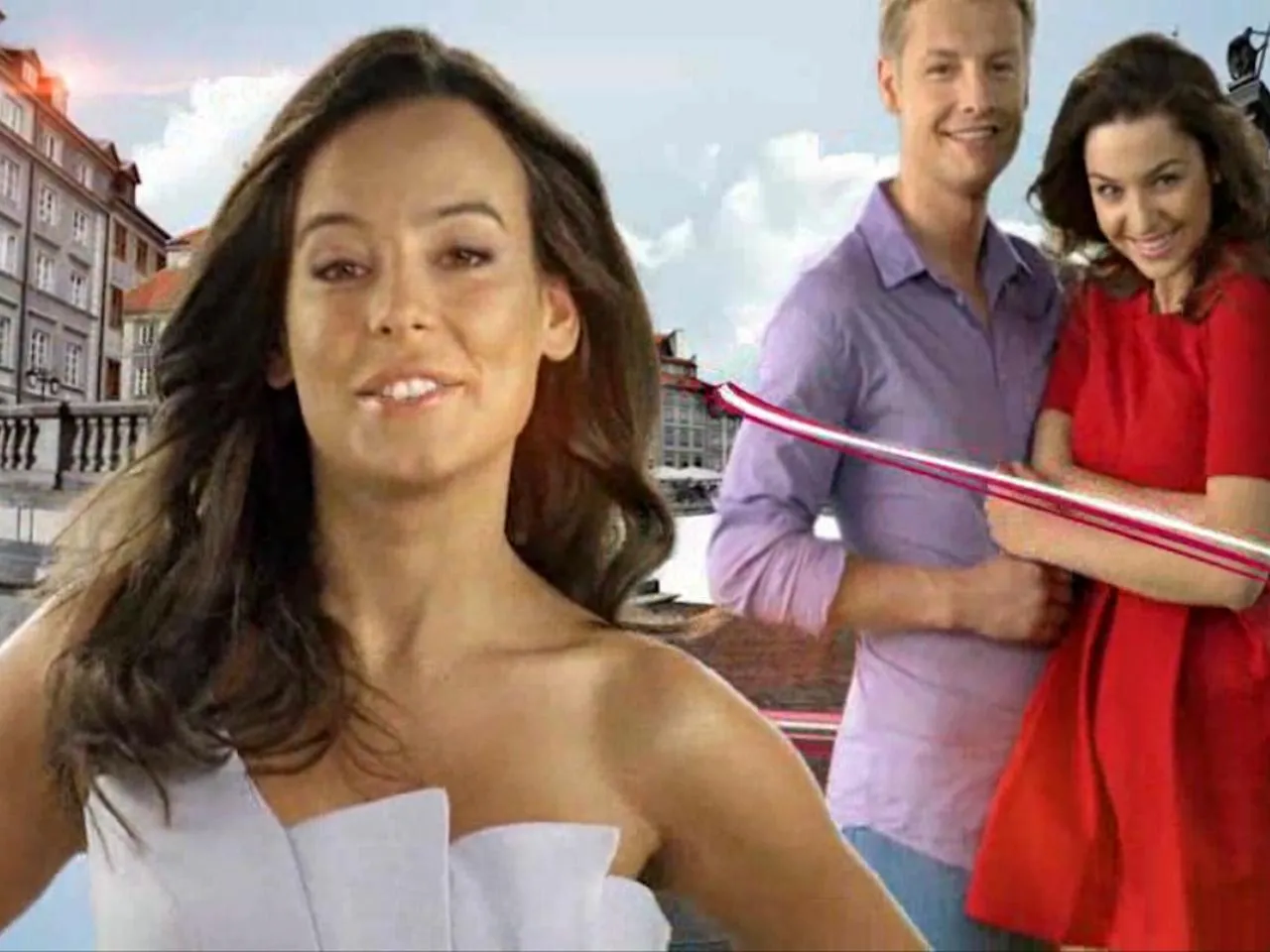 Trzy osoby na tle kamienic. Kobieta w białej sukni, mężczyzna w fioletowej koszuli i kobieta w czerwonej sukience. Może to fragment teledysku 