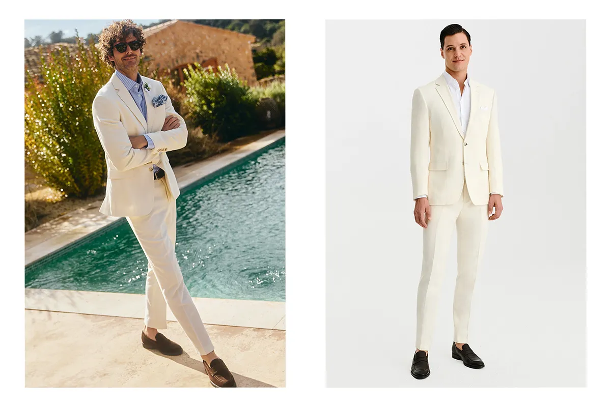 Pan Młody ślub cywilny garnitur beżowy len