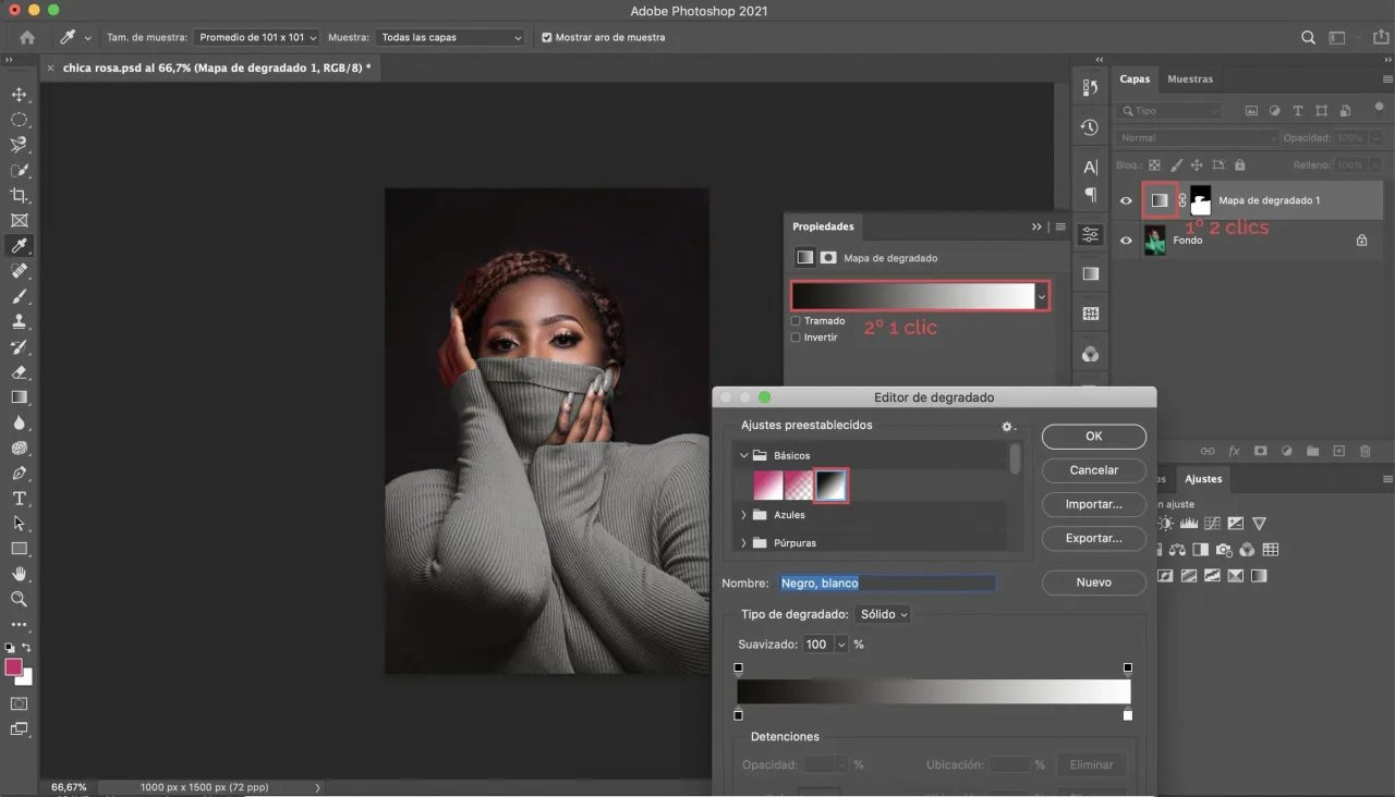 Jak zmienić kolor ubrania w Photoshopie: edytor gradientu z podglądem na zdjęcie kobiety w szarym swetrze.