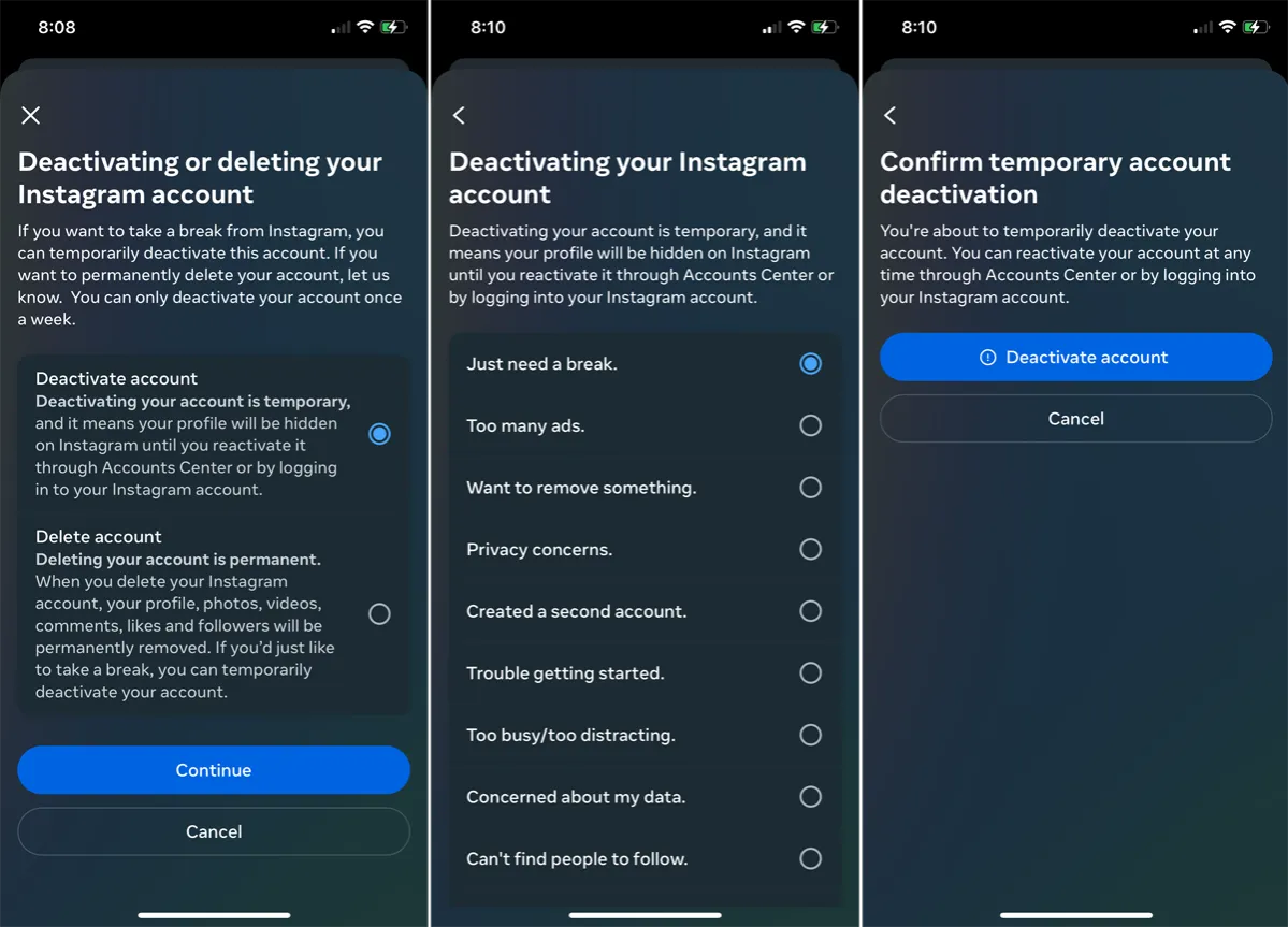 Instagram settings account deactivation path