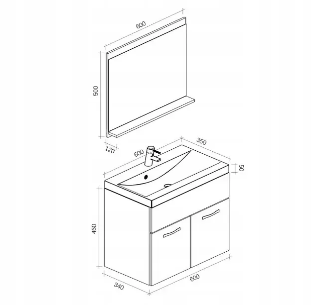 schemat montażu szafki z lustrem nad umywalką wymiary