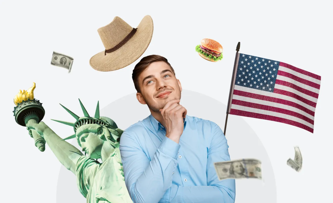 Młody mężczyzna marzy o Ameryce, zastanawiając się, co to zielona karta. Wok&oacute;ł niego symbole USA: Statua Wolności, flaga, kapelusz kowbojski, burger i dolary.