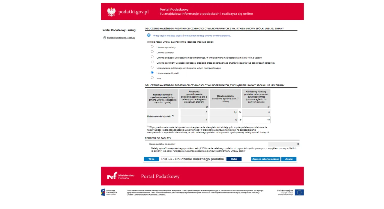 PCC-3 hipoteka stawki podatku 19 zł 0.1%