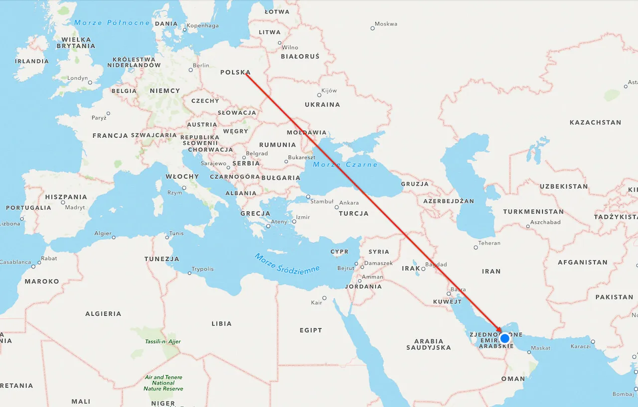 mapa trasy lotniczej Dubaj Polska