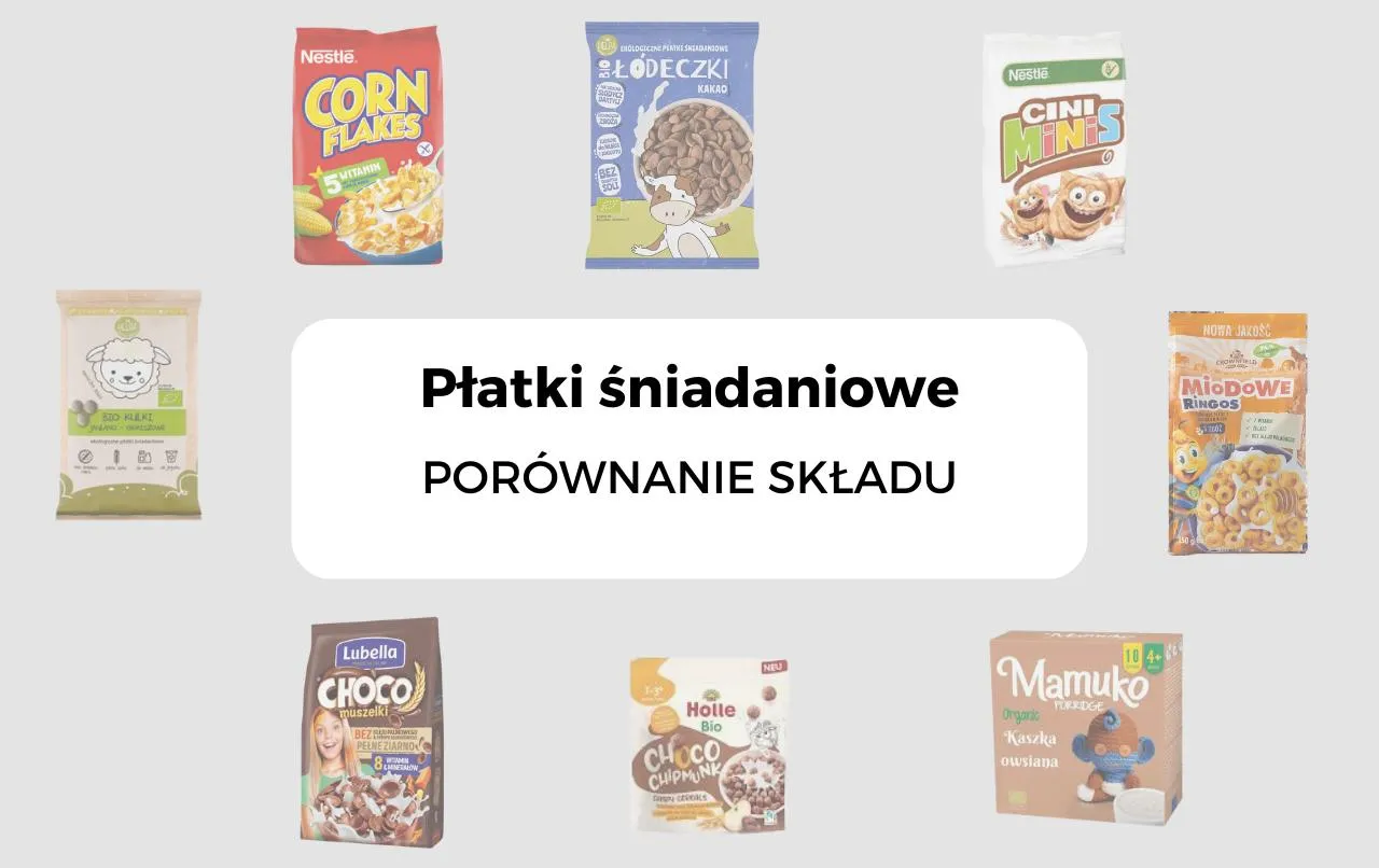 Różne płatki śniadaniowe po polsku: Corn Flakes, Łódeczki Kakao, Cini Minis, Miodowe Ringos, Bio Kulki, Choco Muszelki, Choco Chipmunk, Kaszka owsiana.