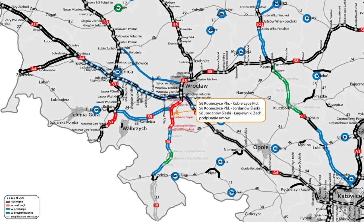 Mapa drogowa Dolnego Śląska i okolic. Widoczna trasa S8, S3, A4, A18, S11, S5. Wieleń, Wrocław, Opole, Katowice.