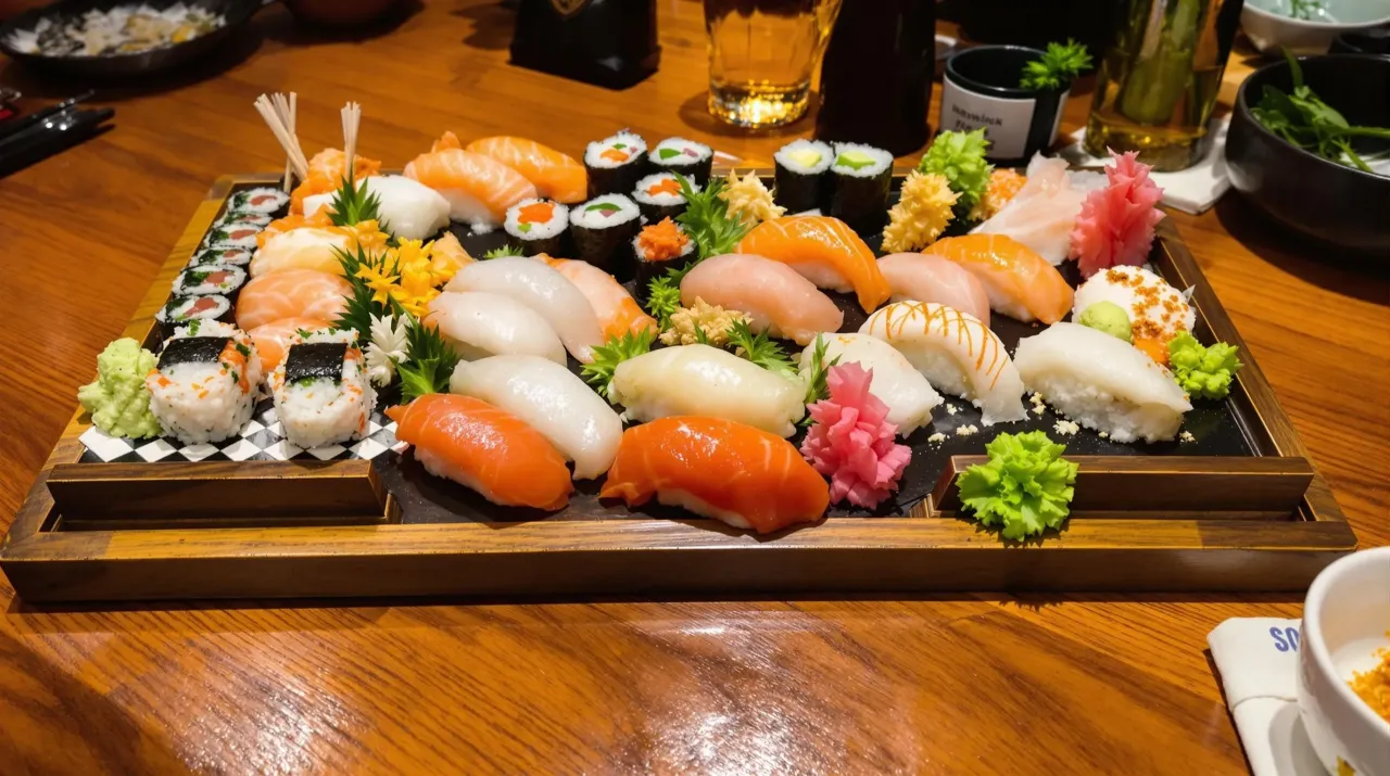 Taca pełna sushi: nigiri z łososiem, tuńczykiem, krewetkami i rolki. To kwintesencja kuchni japońskiej.