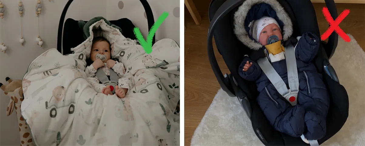 Bezpieczne zapięcie pas&oacute;w w foteliku samochodowym z dzieckiem w kombinezonie