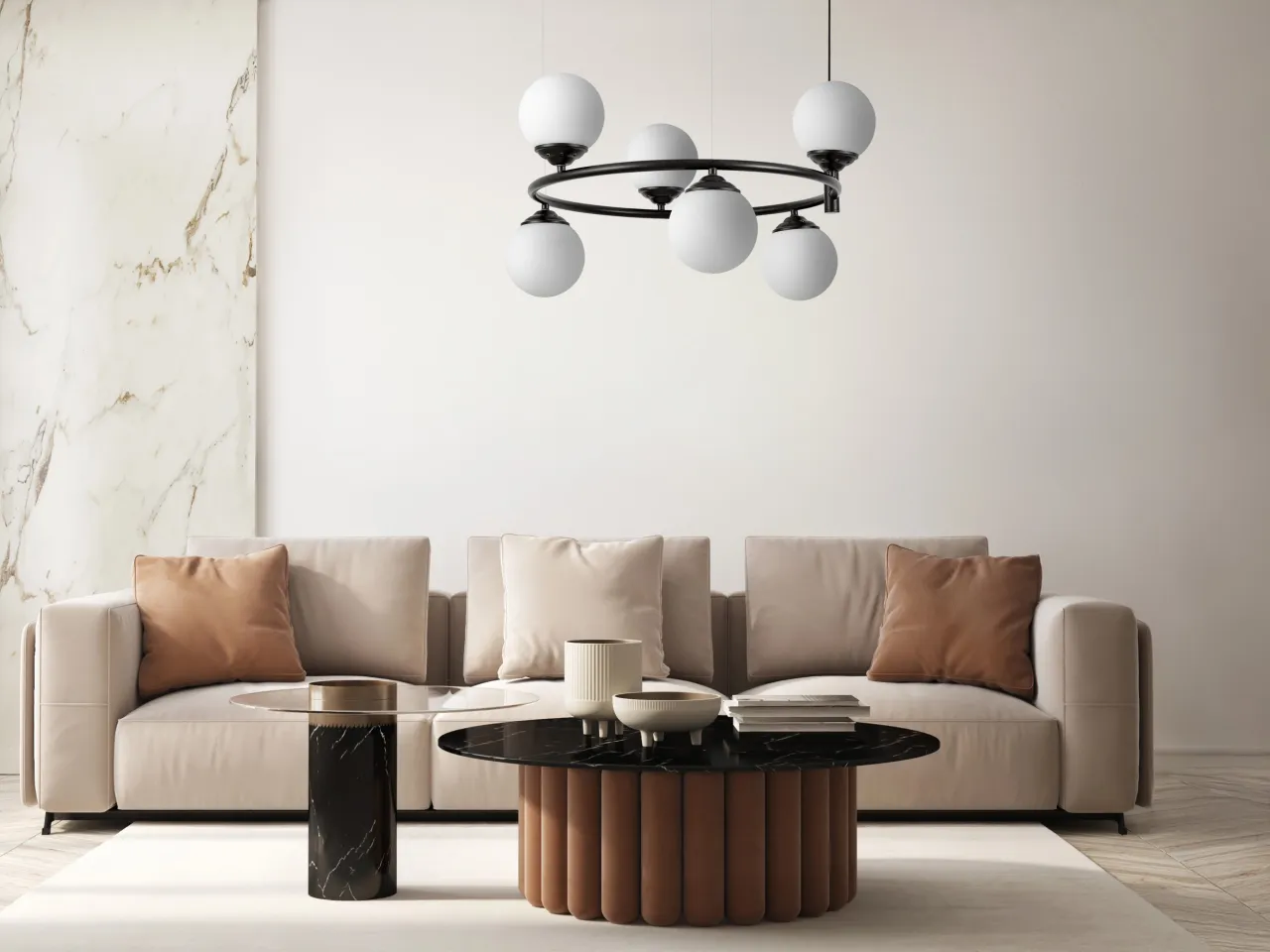 Nowoczesny żyrandol w salonie, centralny punkt oświetlenia