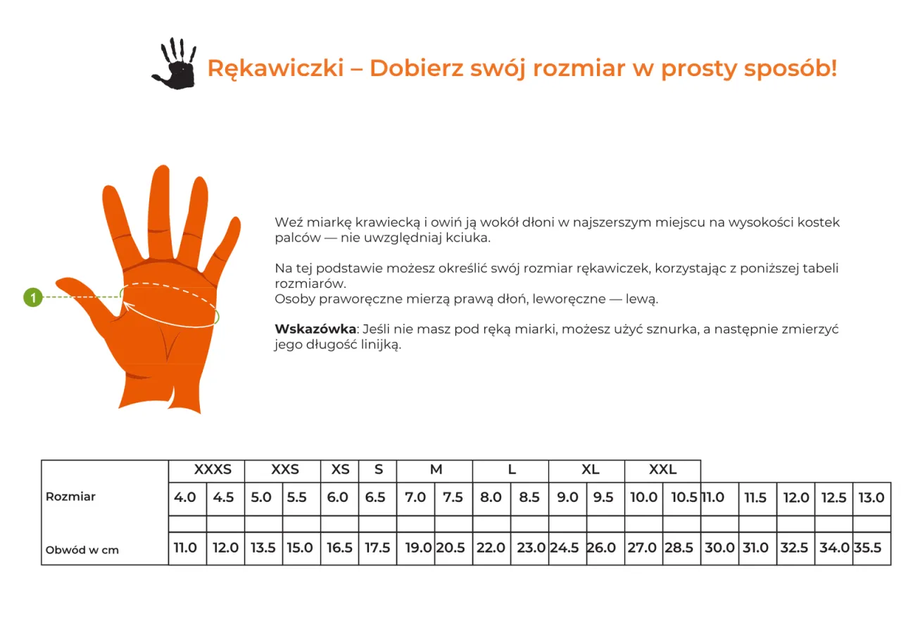 Tabela rozmiarów rękawiczek jeździeckich