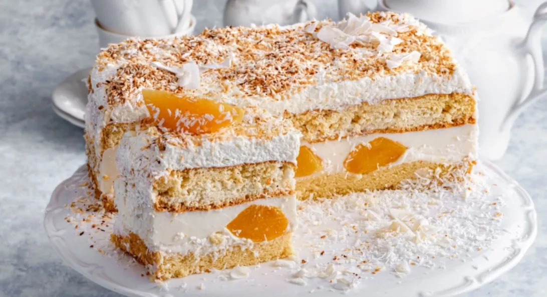 Przekrojone ciasto Biała Dama z warstwami kremu i owoców