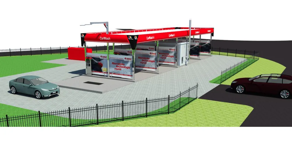 wizualizacja myjni bezdotykowej z planem zagospodarowania terenu