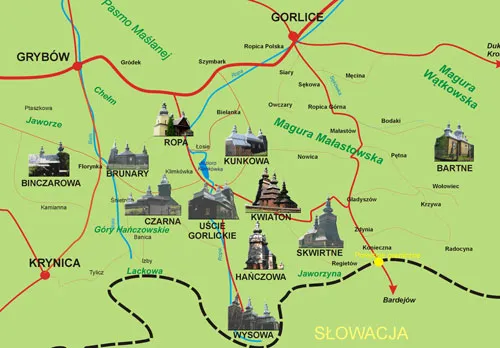Mapa Szlaku Architektury Drewnianej w Polsce / zdjęcia drewnianych kościołów i cerkwi
