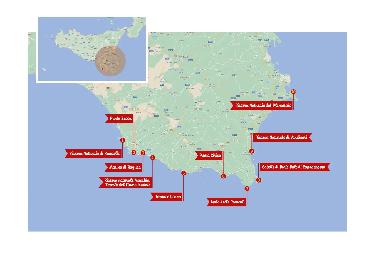 Mappa localit&agrave; balneari Sicilia meridionale