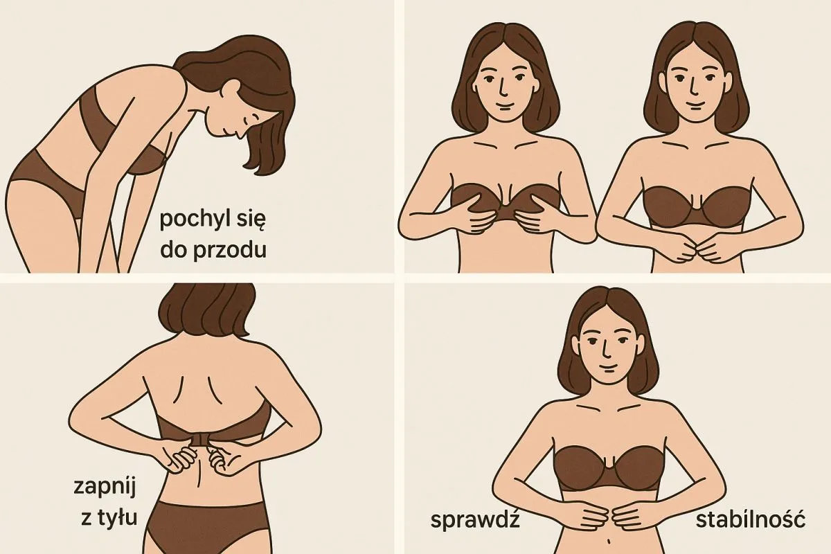 Kobieta z trudem zdejmująca stanik z zapięciem z tyłu