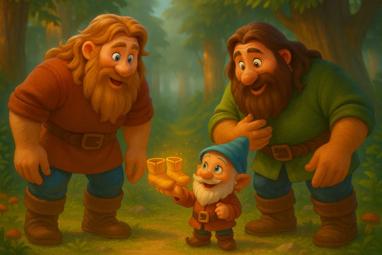 Baśń o Waligórze i Wyrwidębie: krasnoludek z magicznymi bucikami zachwyca dwóch olbrzymów w lesie.
